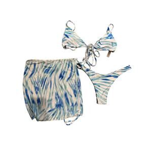 Unbranded NWOT XL 3 Piece Cheeky Bikini Swimsuit Set, Coverup Skirt Blue Tie Dye
